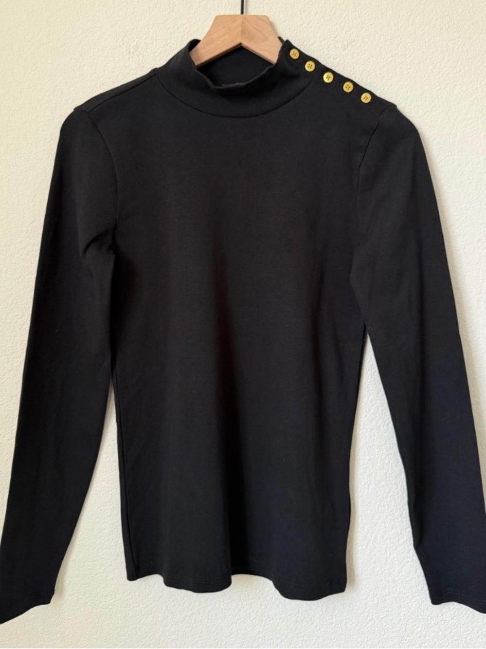 J.Crew Black Long Sleeve Mock Neck Gold Button Shoulder Top Med. NWT✅